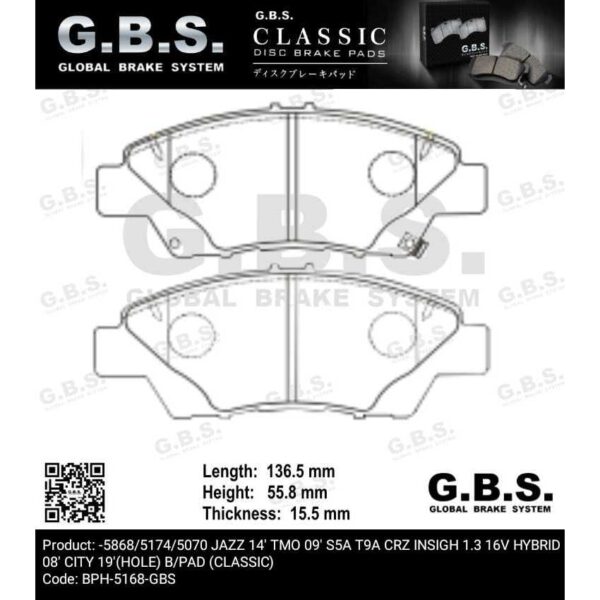 HONDA GN3 GN2 22' JAZZ 14' TMO 09' S5A T9A CRZ INSIGH 1.3 16V HYBRID 08' CITY 19' GBS Front Brake Pad Depan Brek pad