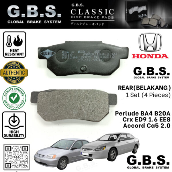 Second image of Honda Prelude BA4 B20A 2.0, CRX ED9 1.6, EE8 1.6 VTEC Accord CA5 2.0 1985-1989 GBS Classic Rear Brake Pad Belakang Brek