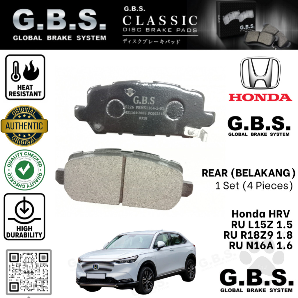 Second image of Honda HRV RU L15Z  R18Z9 1.8 2013-2022  N16A 1.6 Turbo Diesel 2013-2022 FRONT GBS Classic Brake Pad Brek Depan