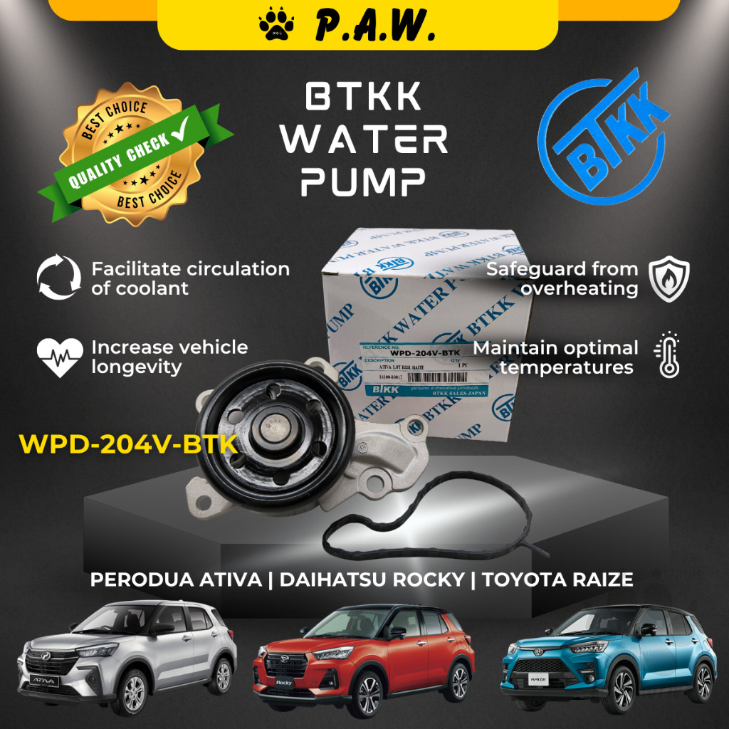 D-204V BTKK Water Pump - Perodua Ativa 1.0 Turbo, Daihatsu Rocky A200, Toyota Raiz (16100-80017)